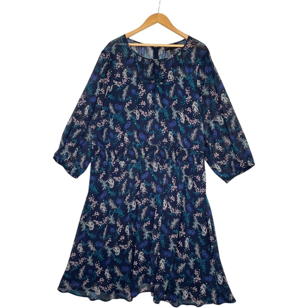 Lane Bryant Dress Womens 28 Blue Midi Floral Print Long Sleeve Fit Flare Boho